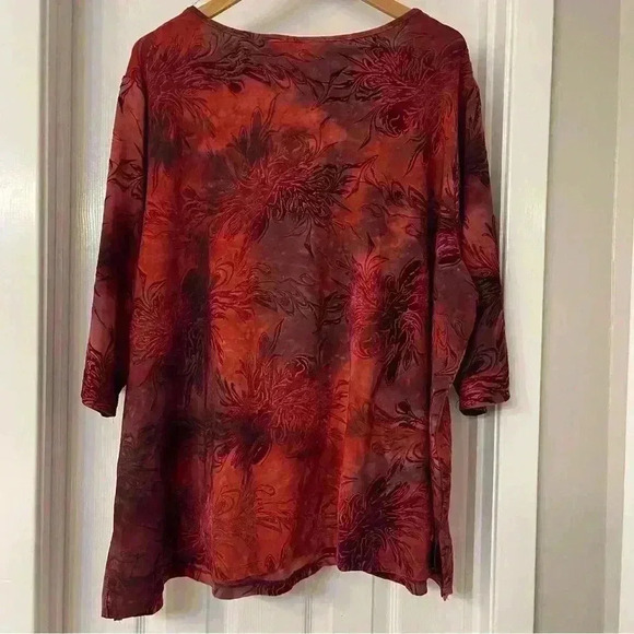 Catherines Blouse Women Size 3XWP Red Velvet Burgundy Flower Retro Artsy Rustic - Picture 2 of 7